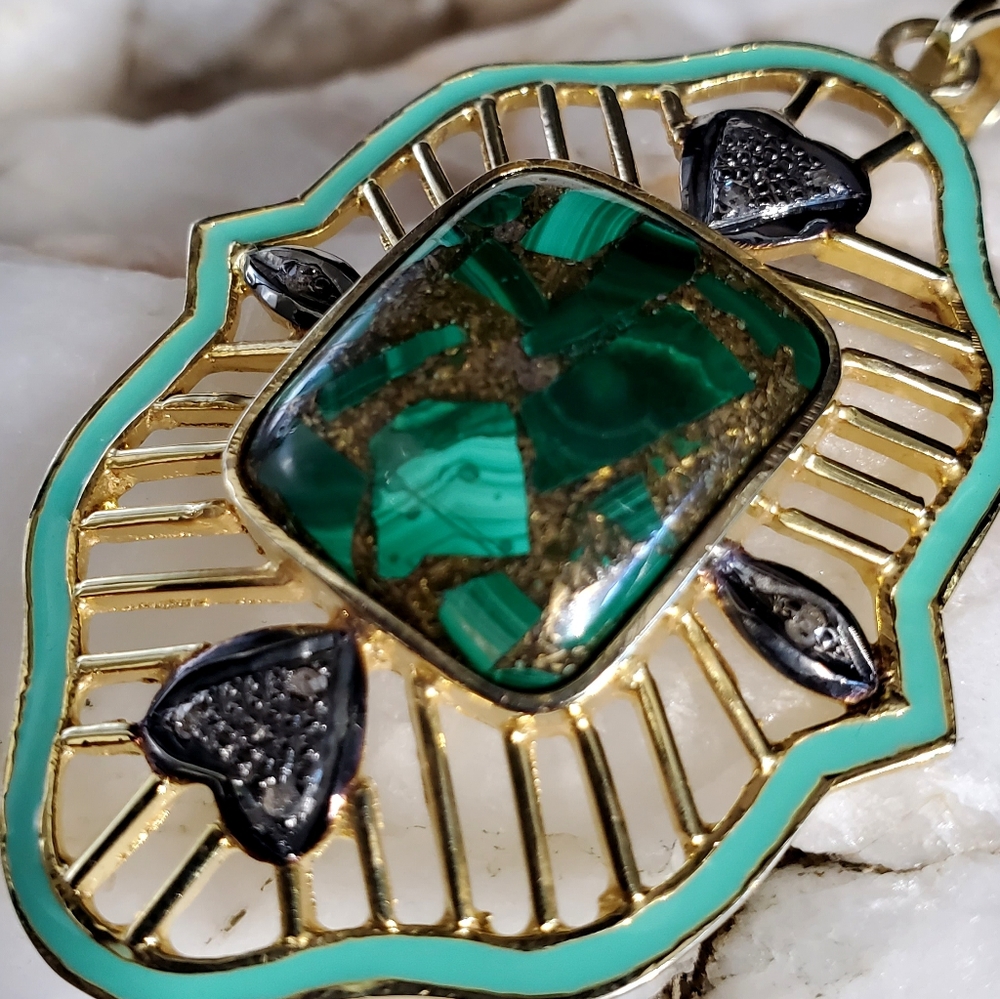Sterling Silver 925/18kt Gold Genuine Malachite/Diamond Gemstone - Picture 7 of 13